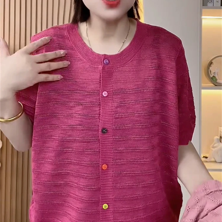 欧货2025夏季新款休闲百搭简约风短袖女彩色扣镂空洋气针织开衫潮