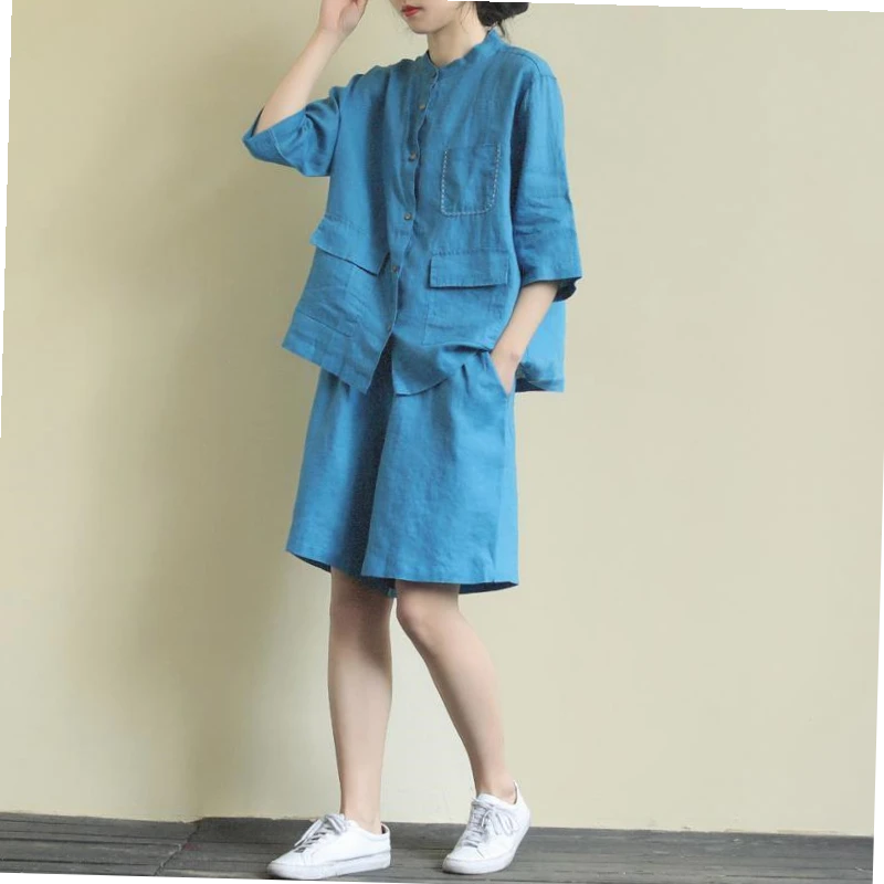 大码女装200斤宽松文艺短袖衬衫套装女夏 两件套纯色五分裤女休闲