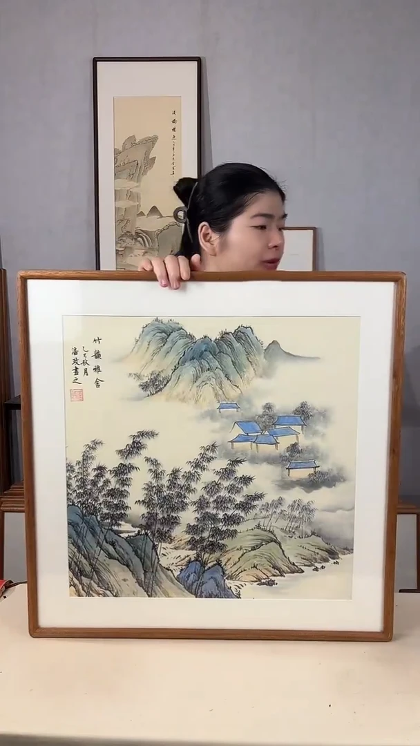 国画手绘*竹韵雅舍*62*62cm实木框