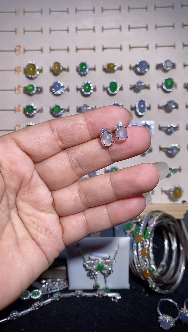 银S925镶嵌翡翠耳饰耳钉