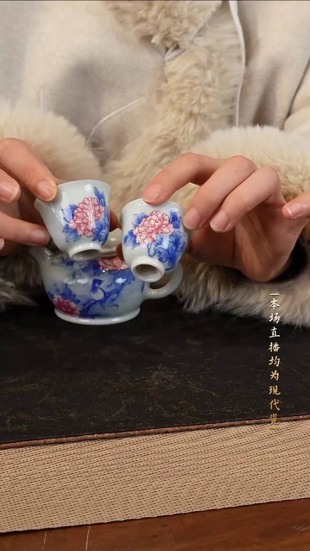 宁封窑青花牡丹一壶两杯