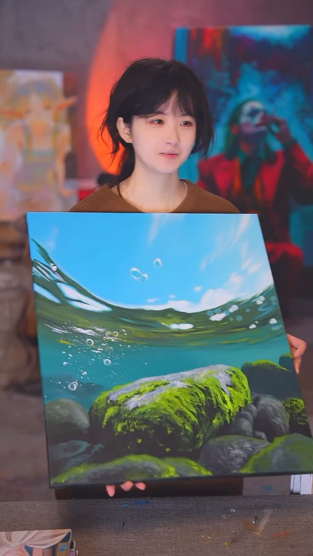 油画医****胖写实风海底苔藓丙烯画纯手绘