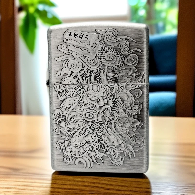 ZIPPO龙款手雕立体银色仿古复古打火机防风九龙拉棺古银深雕DYJ1