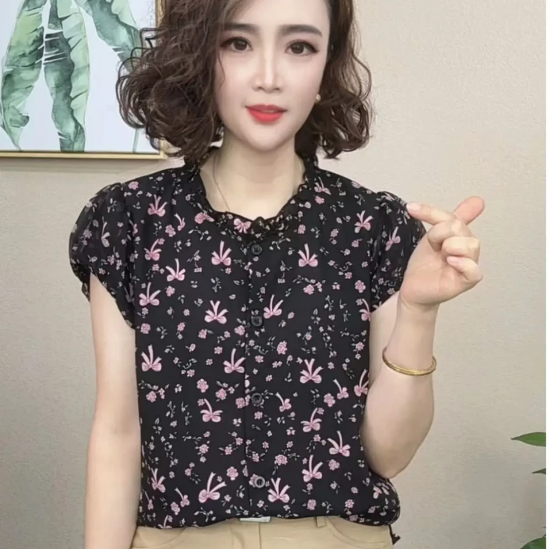 2025夏季新款时尚休闲简约花边领碎花泡泡袖百搭显瘦短袖#5698456