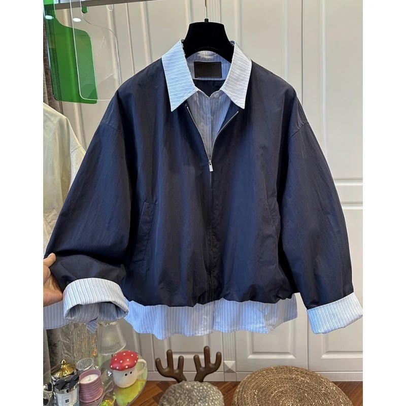 欧洲站时尚翻领撞色条纹假两件外套女上衣宽松设计感秋季新款2025