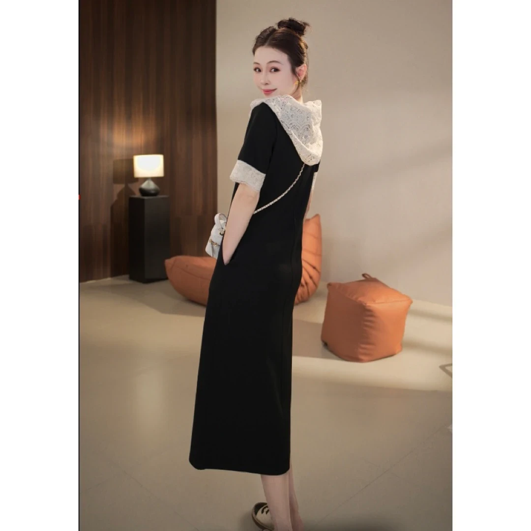 欧货拼接蕾丝连帽连衣裙气质设计感休闲显瘦中长裙小众设计高级感