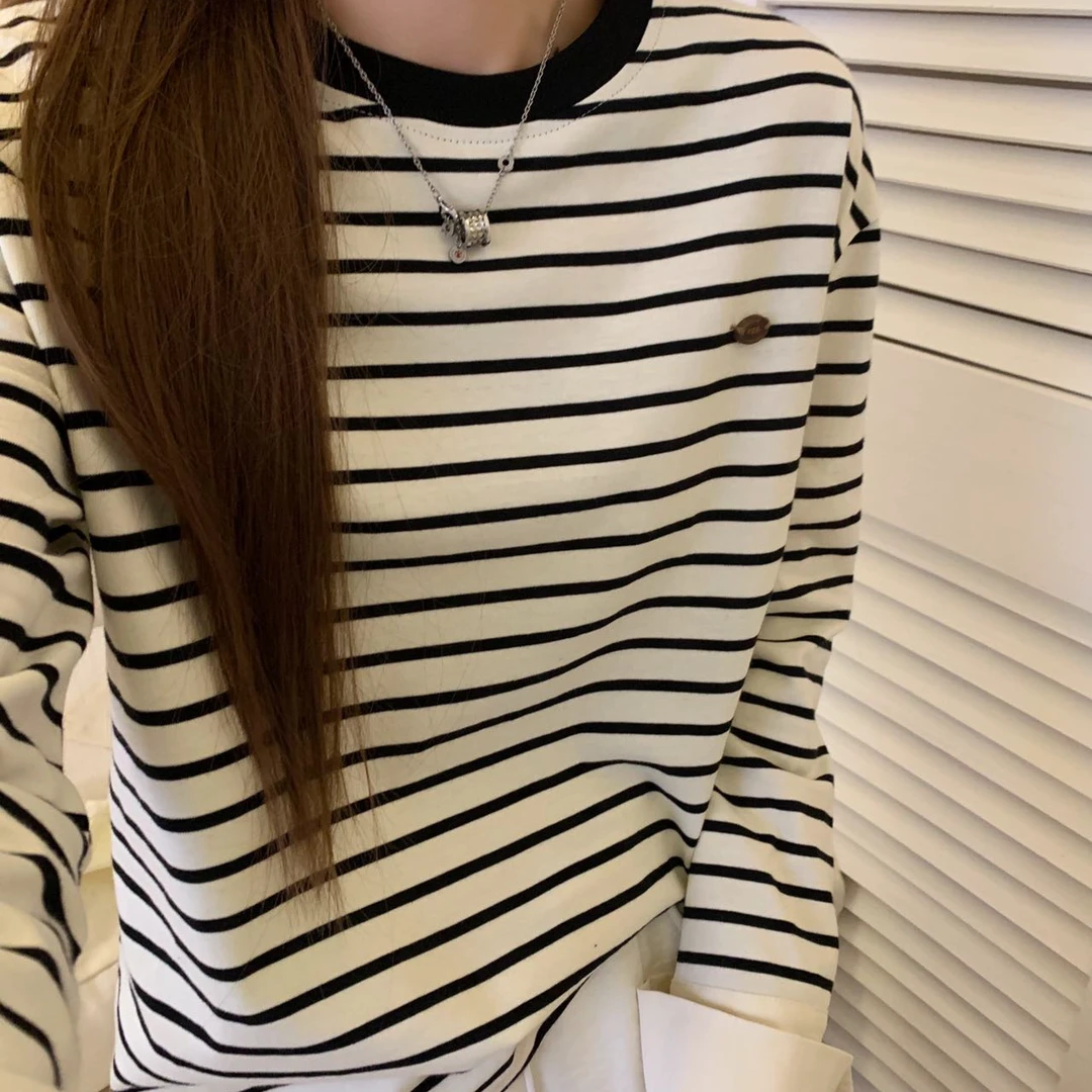 【撞色条纹】金喜家长袖圆领ins打底条纹T恤