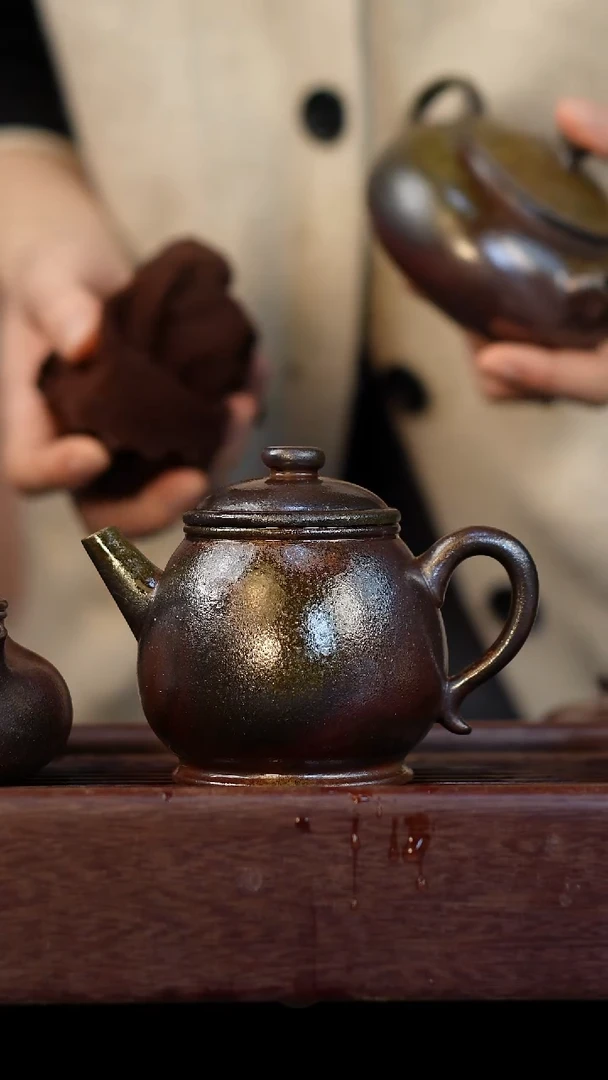 茶壶紫砂车*柴烧紫砂天青潘壶