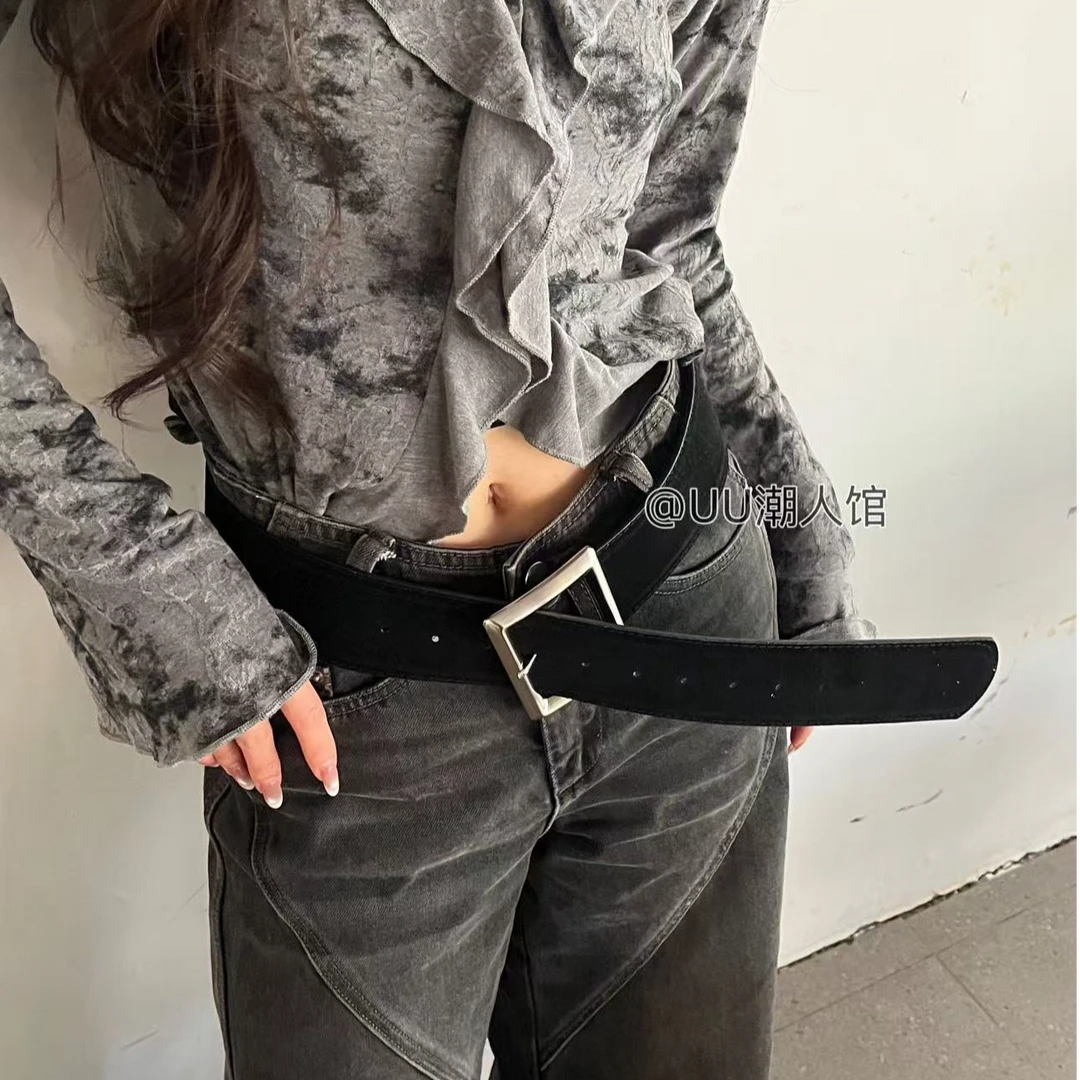 uu潮人馆 鹿皮绒皮带复古时髦撞色金属扣简约百搭装饰宽版腰带