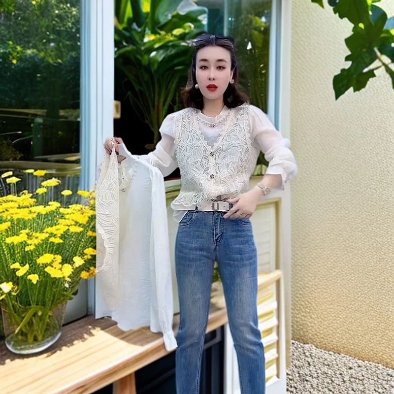 串珠花边分体两件套时尚新款气质百搭上衣2025新款重工蕾丝衬衫