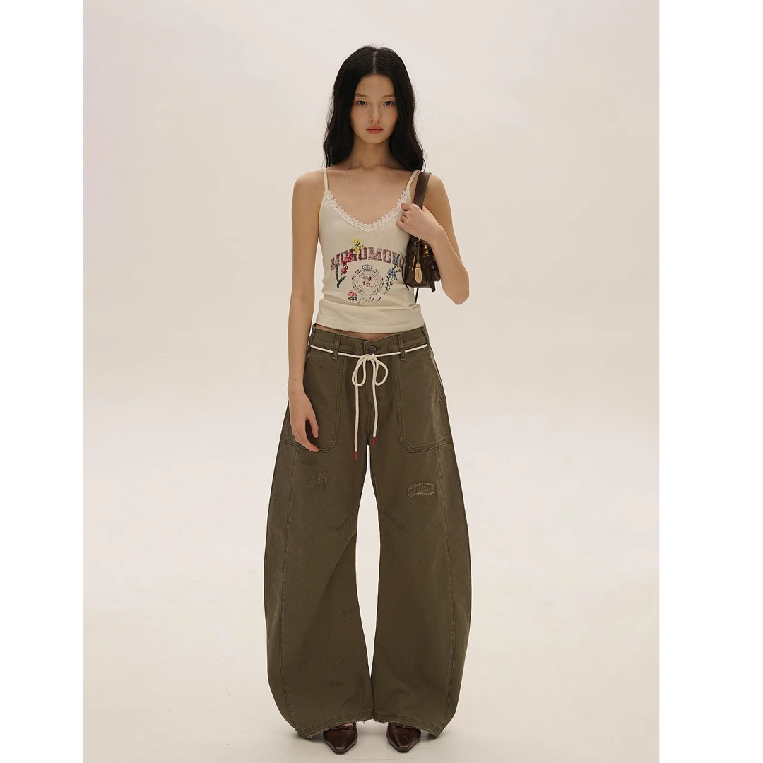 Moromoro复古休闲运动风腰绳喷马骝磨破刺绣点缀洗旧弯刀阔腿裤女
