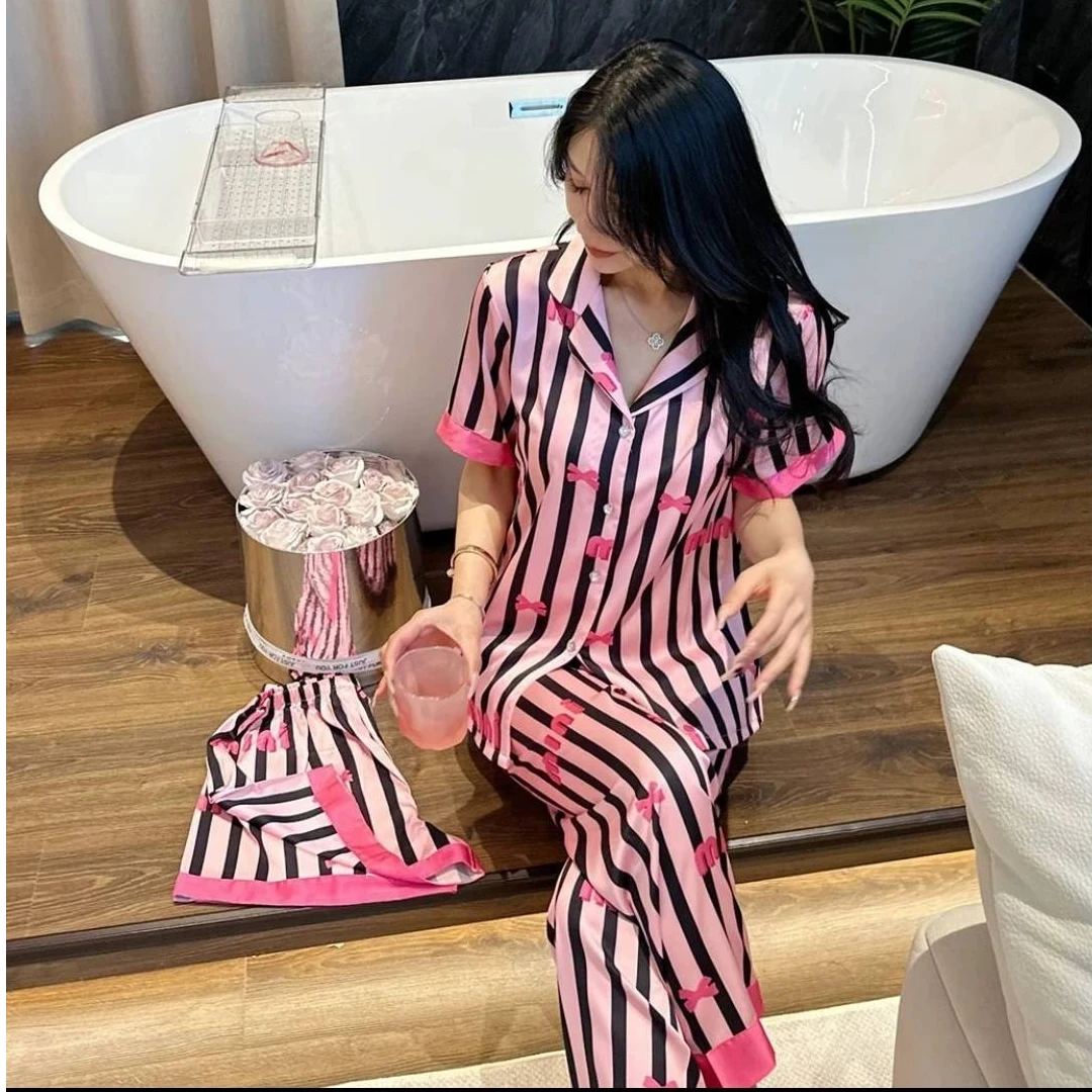 DAVINCIART达芬奇密码新款粉色蝴蝶结轻奢三件套宽松网红睡衣套装