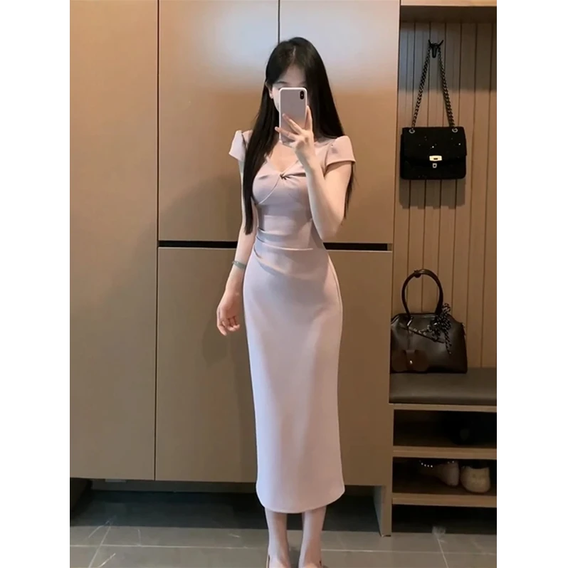 【白羊专属】连衣裙女2025夏季新款法式气质短袖收腰中长款褶皱裙子