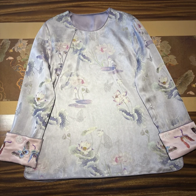 蒹葭 芳华设计新中式复古提花小衫国风刺绣拼接上衣