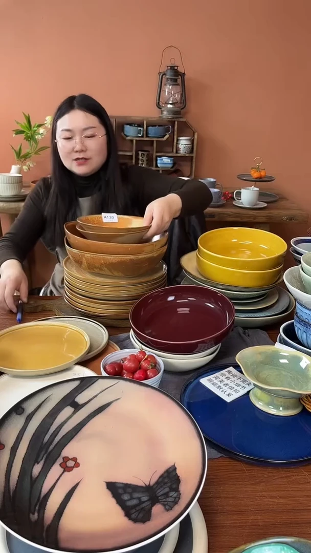 盘A130陶瓷黄色碗12件套微瑕