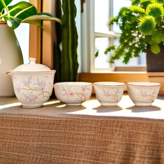 桃枝世外桃源粉汝一壶三杯带包户外便携式旅行茶具