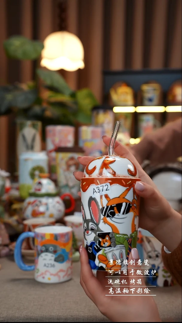 疯狂动物城吸管杯景德镇手工手绘陶瓷372