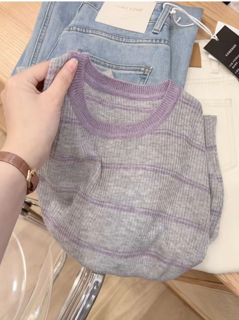 七言家巨柔软！灰紫条纹细羊毛长袖@
