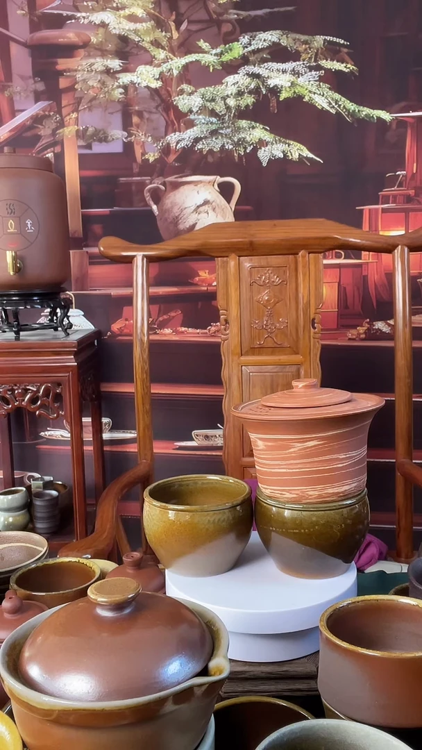 杯山东儒陶柴烧绞彩泥盖碗