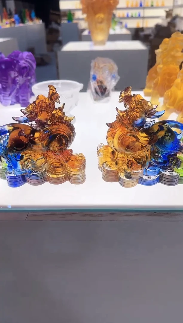 手工艺品琉璃一对金币貔貅15厘米