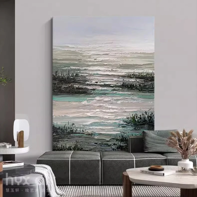 FLD.手绘油画《镜湖幽绿》客厅绿色装饰画轻奢肌理抽象画玄关挂