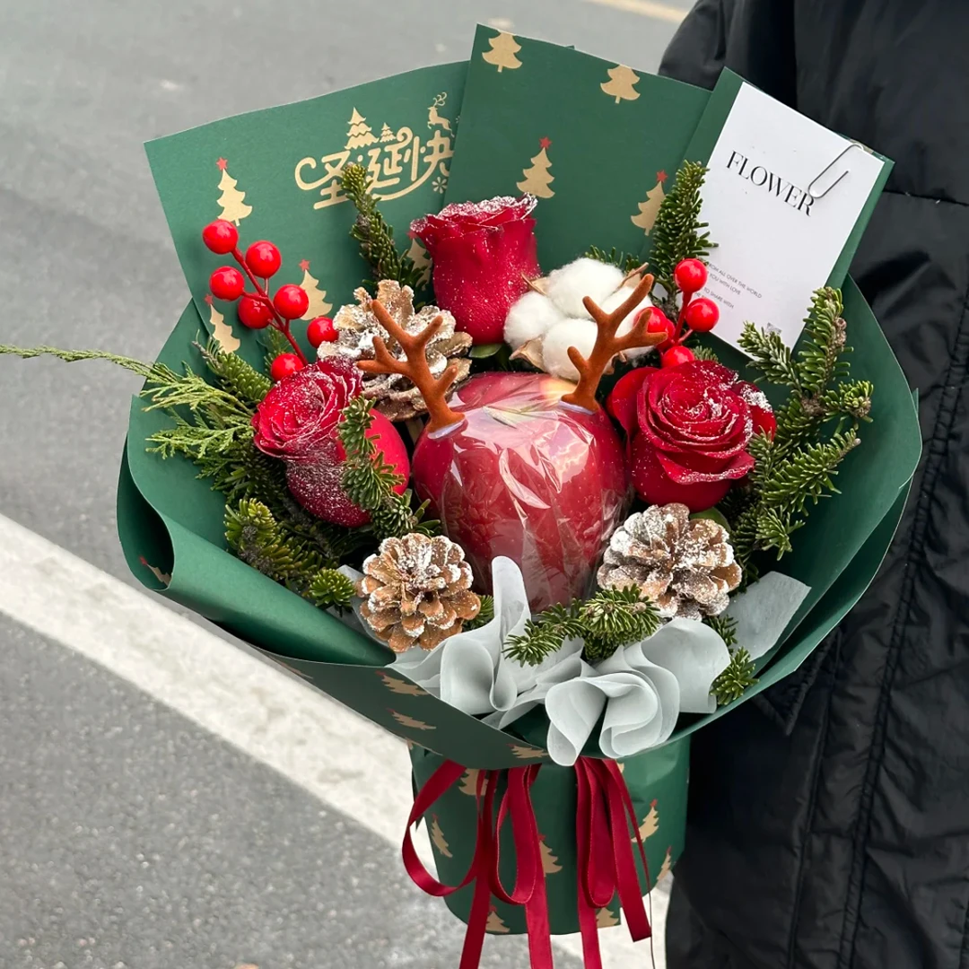 【苹果花束】平安夜圣诞节礼物3枝红玫瑰混搭平安果花束5066款送女友送闺蜜送爱人送花上门