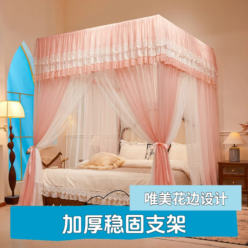 家用卧室高档加厚加粗刺绣花边双层宫廷公主风三开门落地蚊帐雪