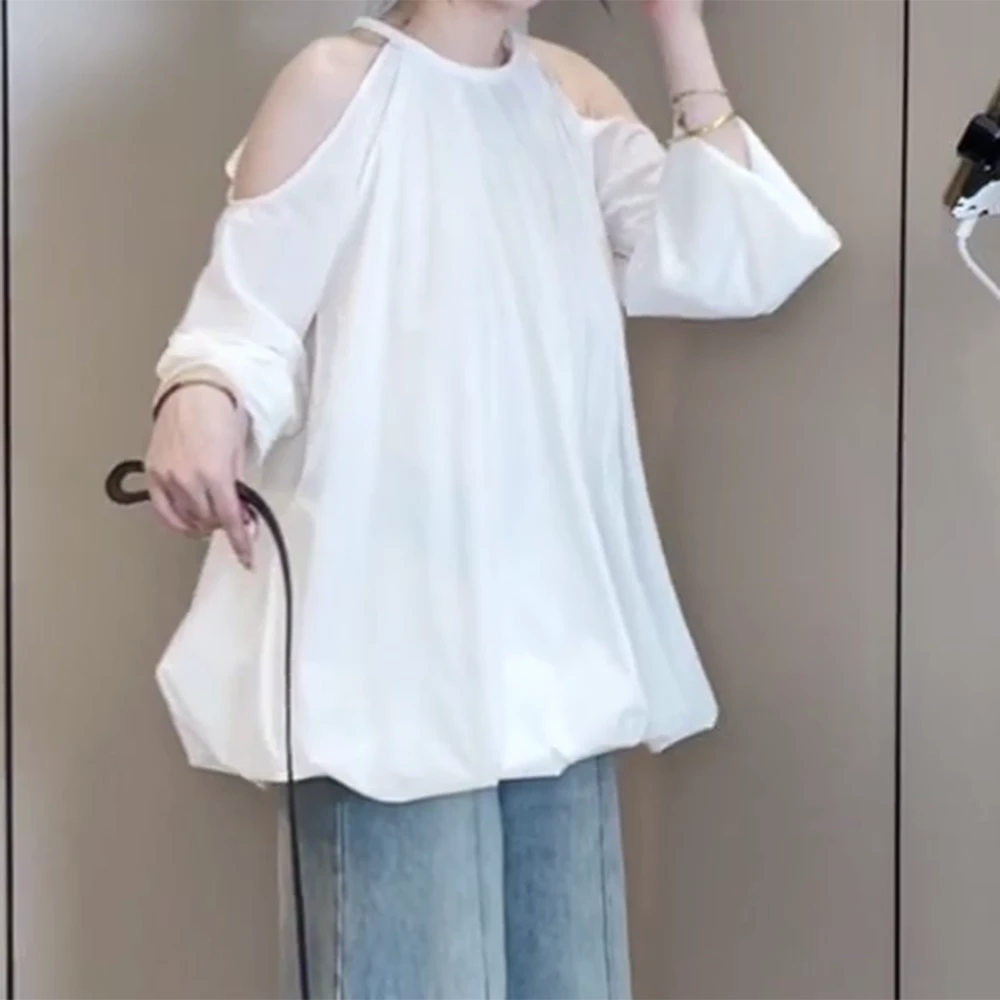 【轻盈仙气】新款花苞女法式褶皱温柔气质露肩长袖上衣衬衫C5842