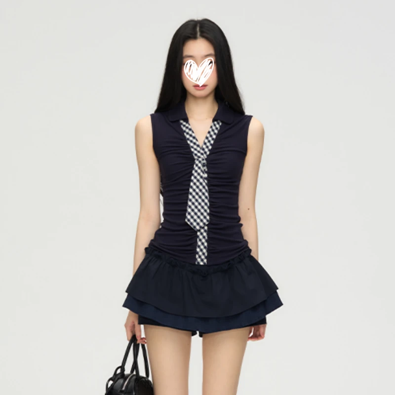 夏季三色格纹领带修身外穿内搭上衣设计感显瘦纯欲辣妹女背心