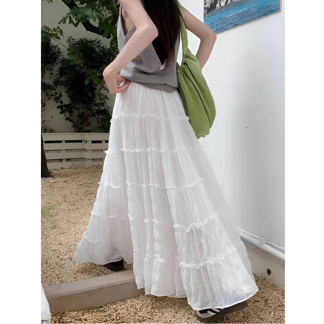 白色蛋糕裙半身长裙女夏季甜美木耳边A字裙芭蕾风高腰蓬蓬裙