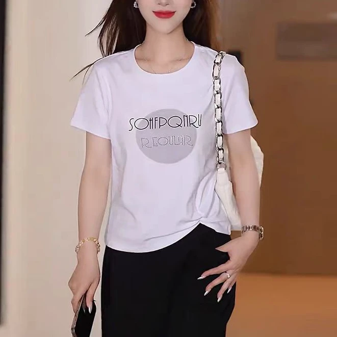 7236#大码捏褶时尚烫钻印花字母短袖遮肚藏肉显瘦上衣女打底衫