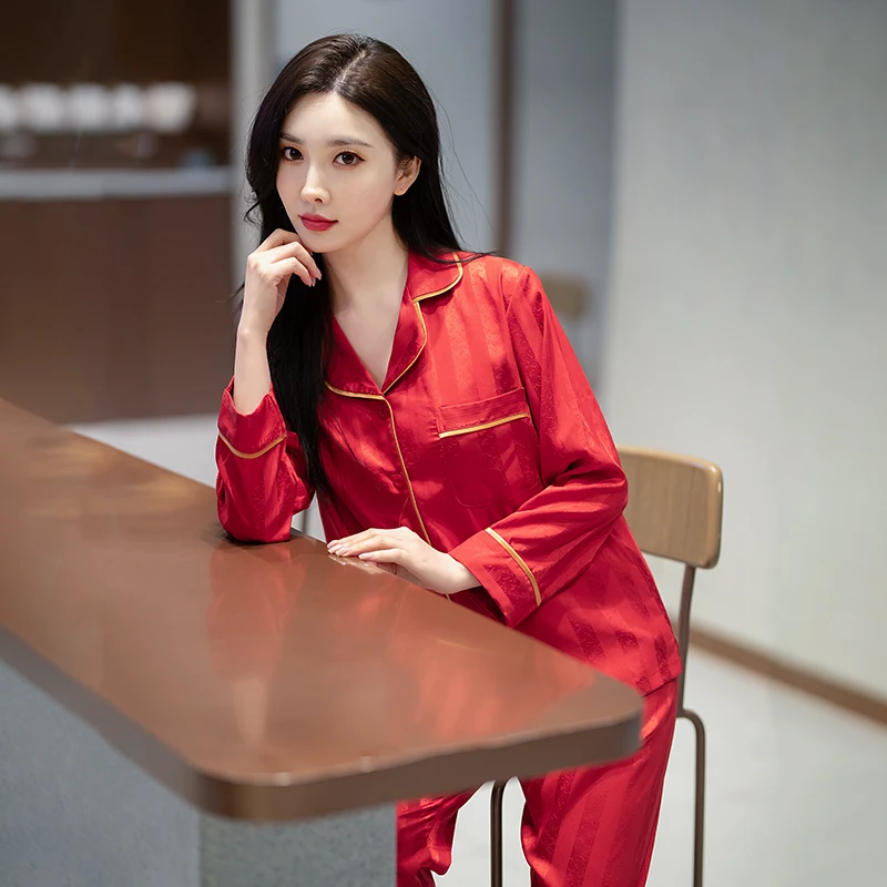 【新年战袍】高定长袖女款睡衣春季新年红色翻领套装条纹提花家居服