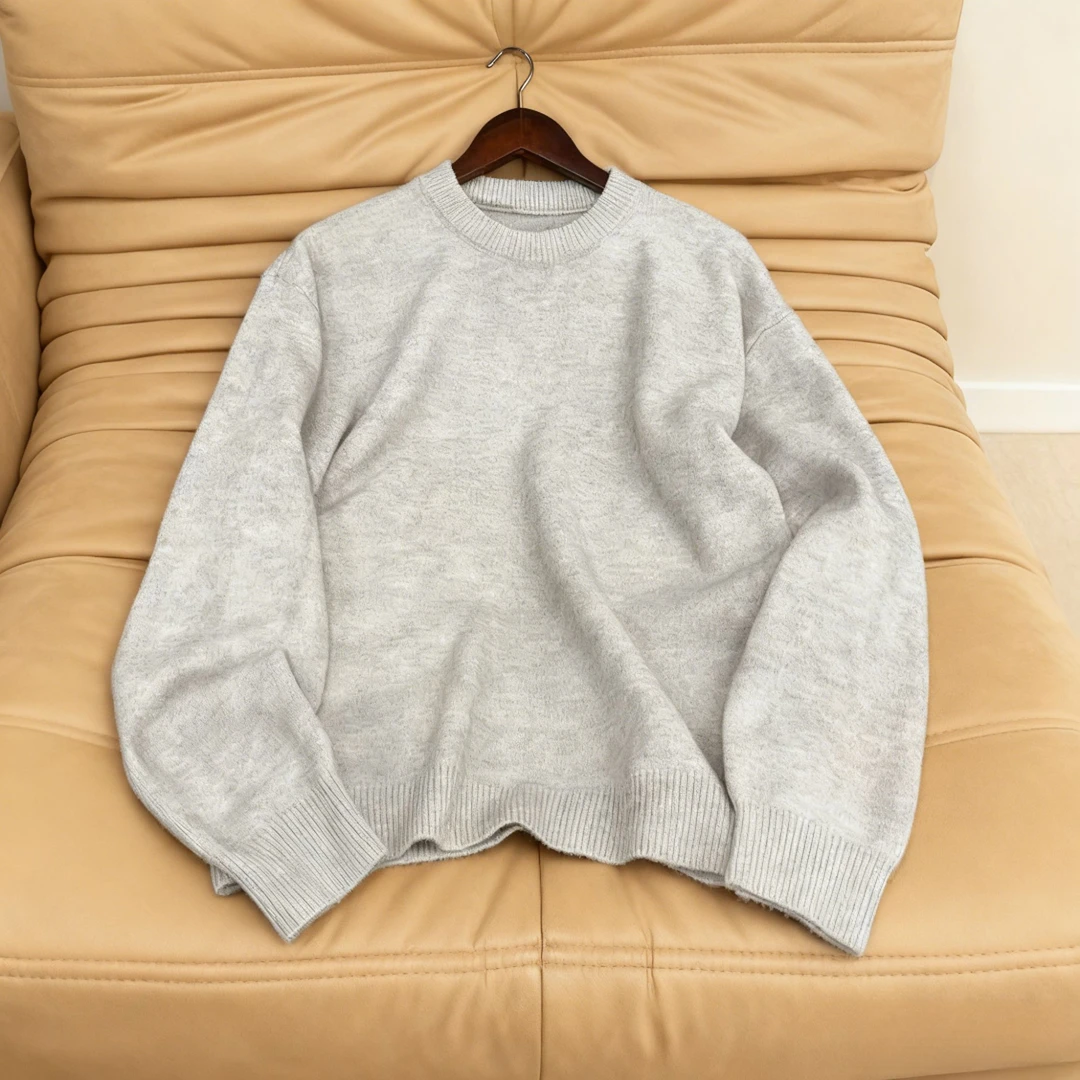 cleanfi浅灰色毛衣男秋季高级感圆领内搭打底衫宽松慵懒风针织衫