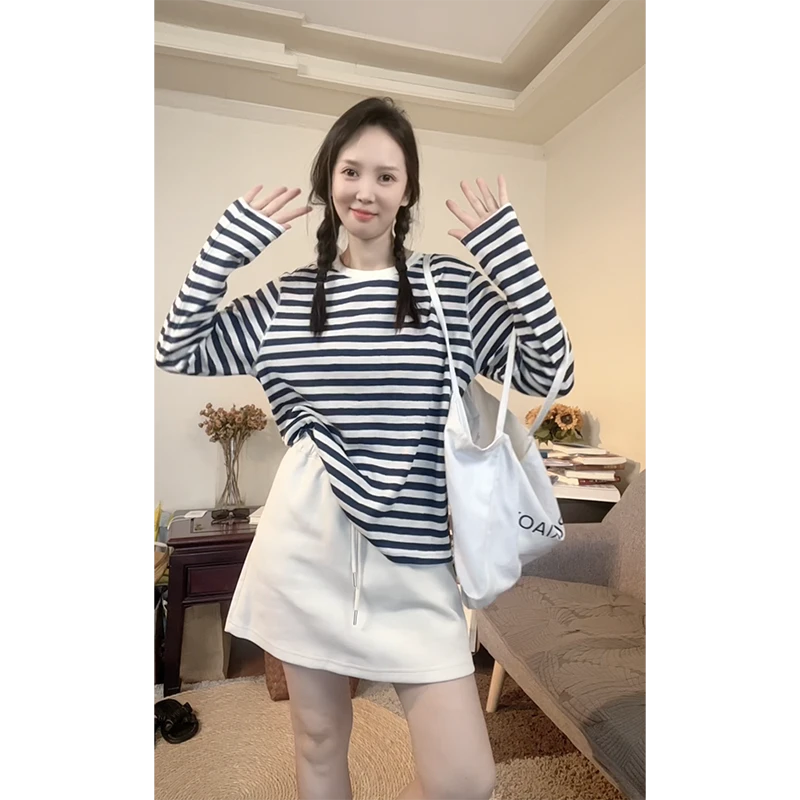 徐帆女装｜日常简约款条纹长袖T恤女百搭日常宽松显瘦圆领内搭上衣