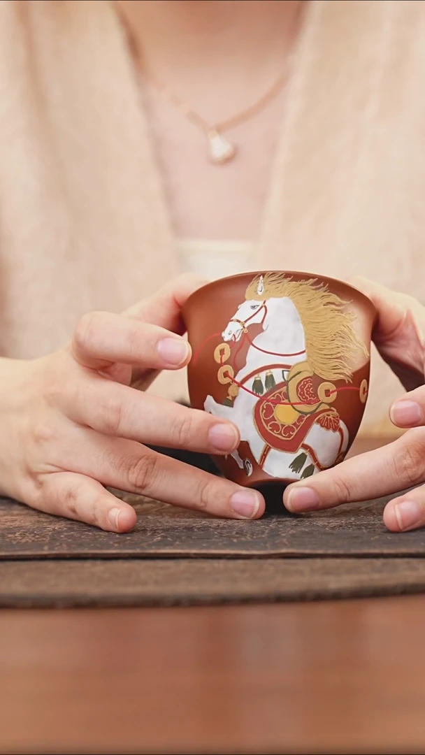 紫砂茶叶罐精***阁朱泥泥绘唐马主人杯