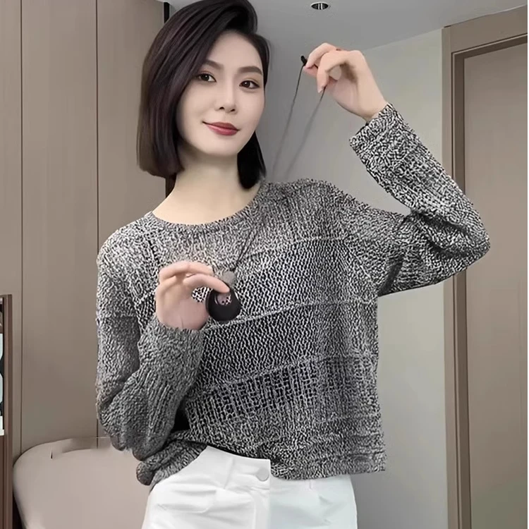 复古慵懒风圆领长袖针织衫女春秋2025新款时尚洋气宽松显瘦上衣女