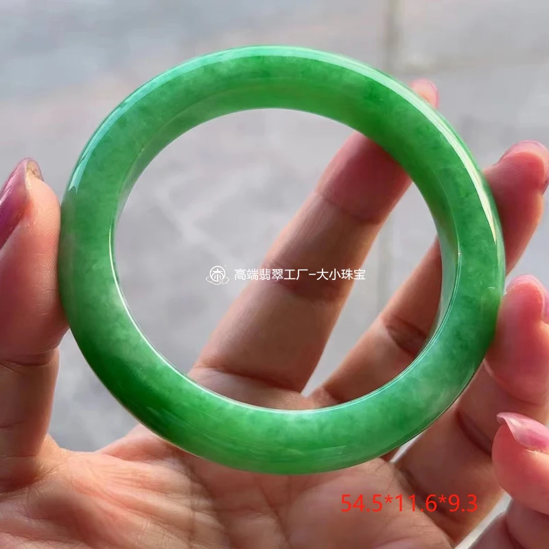 大小宝珠糯种满绿辣色天然翡翠手镯正圈54.5圈口满绿缅料翡翠玉镯