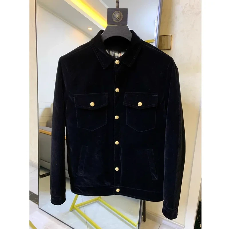 冬季新款时尚金丝绒夹克男士加厚保暖潮流翻领外套男生衣服高级感