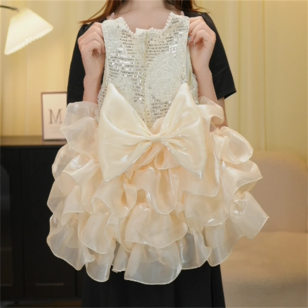 2025女童新款香槟色公主风蝴蝶结蛋糕裙