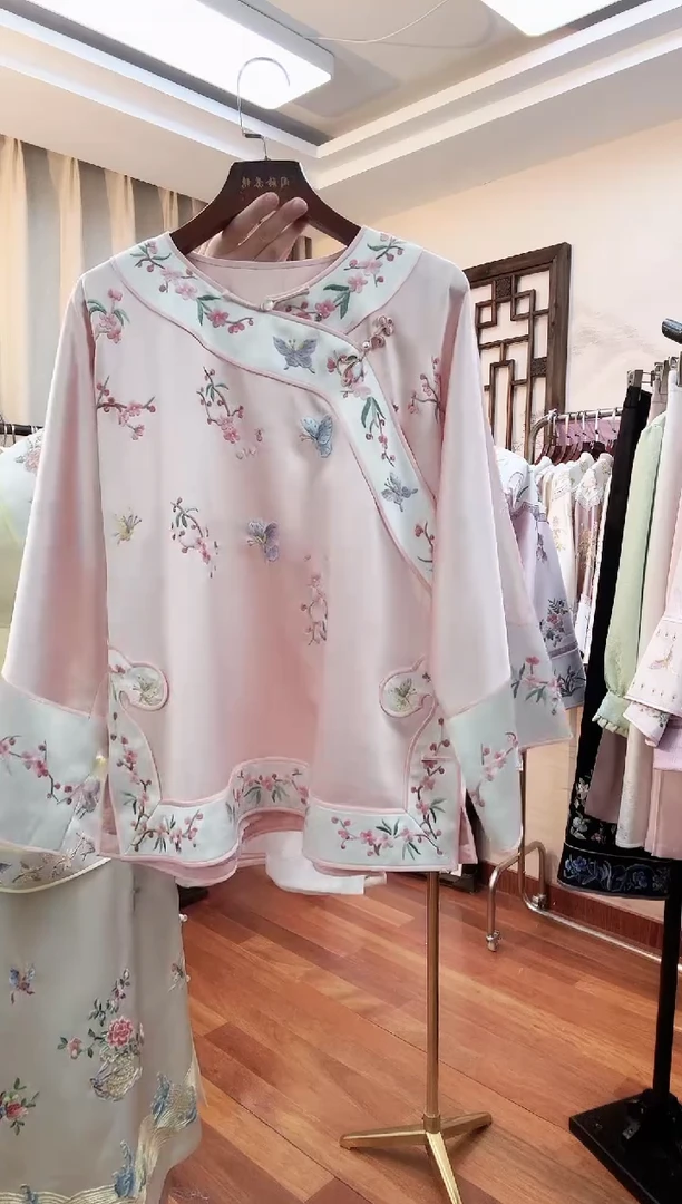 刺绣斜襟上衣粉色 桑蚕丝非遗苏绣服饰