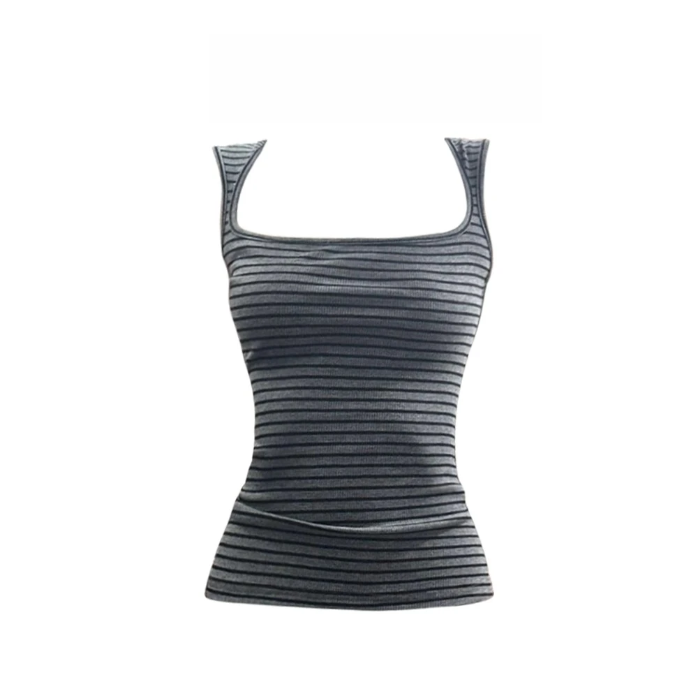 美式复古辣妹条纹宽肩带背心女春夏小众紧身显瘦百搭方领吊带上衣