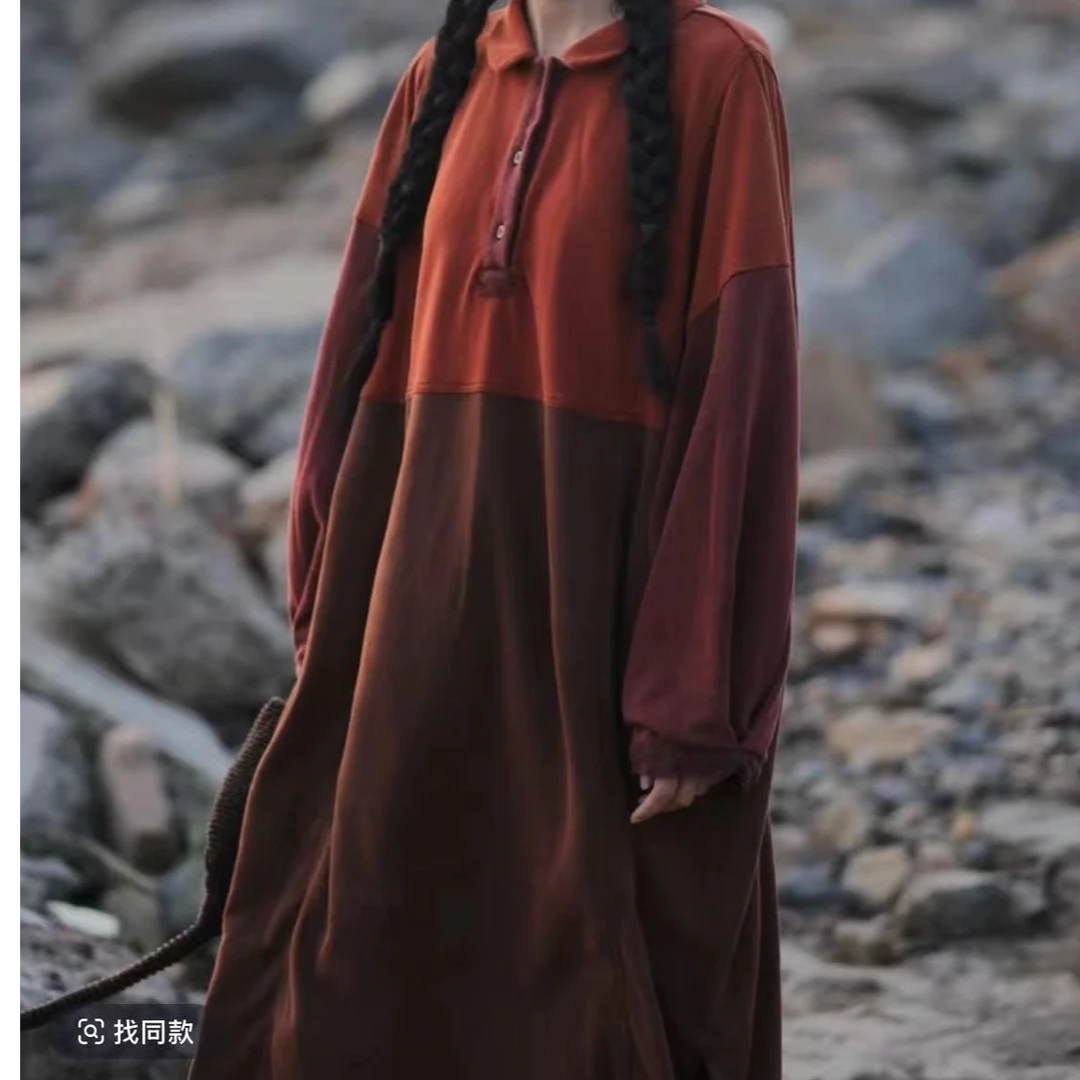 依梦分享-荼家35314秋冬文艺复古做旧休闲连衣裙 长110 围150