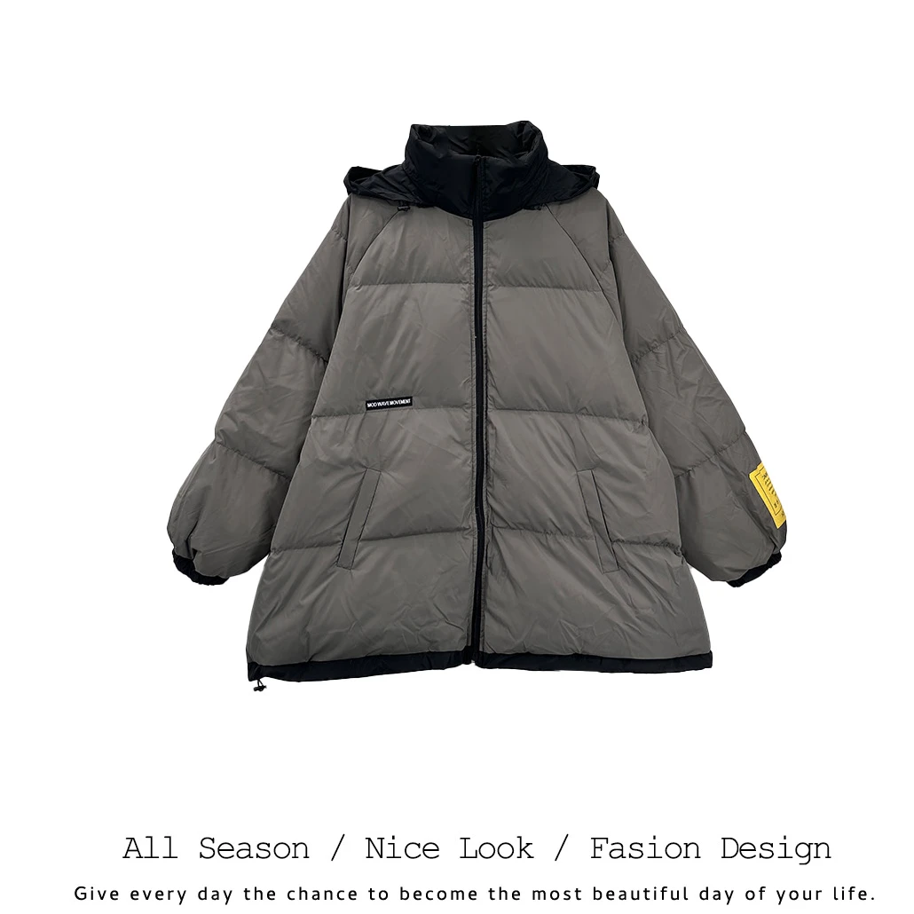 199     时尚灰色宽松百搭中长款女连帽冬季保暖外套    款号#886