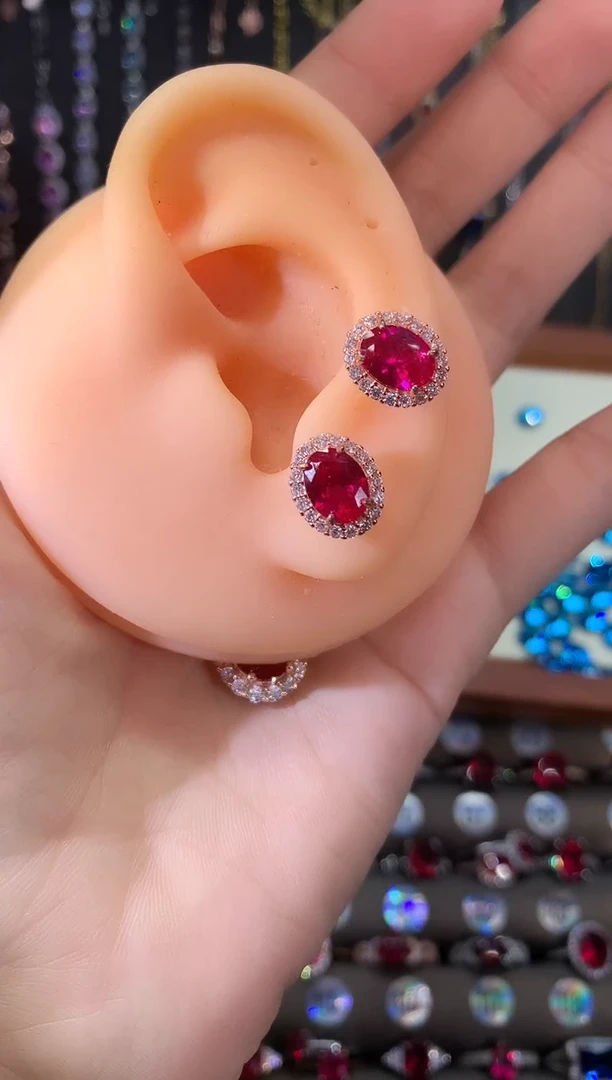 银S925镶嵌耳饰红宝石68玫瑰金