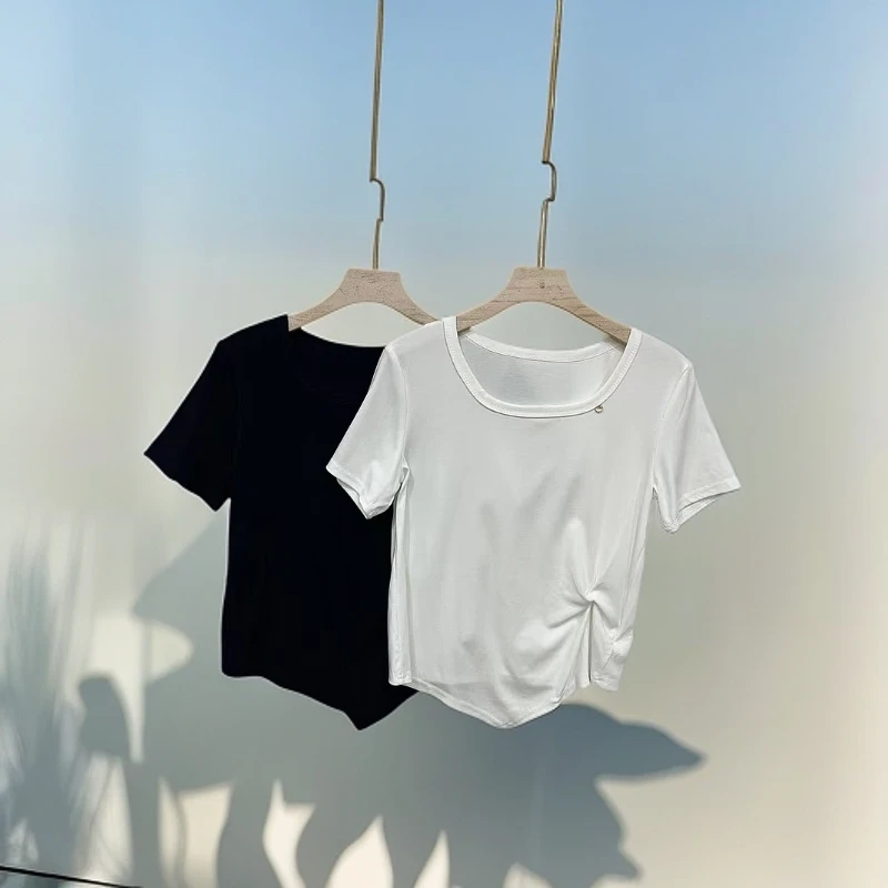 7010设计感不规则方领T恤女款时尚百搭简约显瘦修身纯色T恤