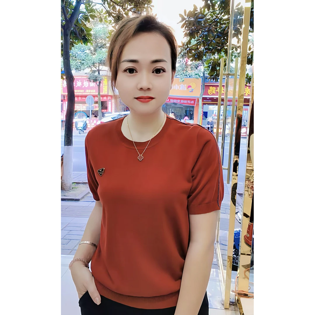 2025夏季新款时尚洋气显瘦圆领纯色套头短袖天丝针织衫99511