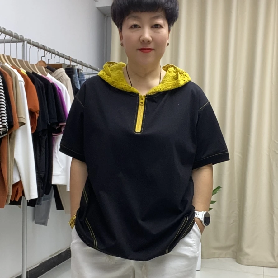 朵姿彩夏季新款大码遮肉显瘦半拉链休闲连帽短袖650