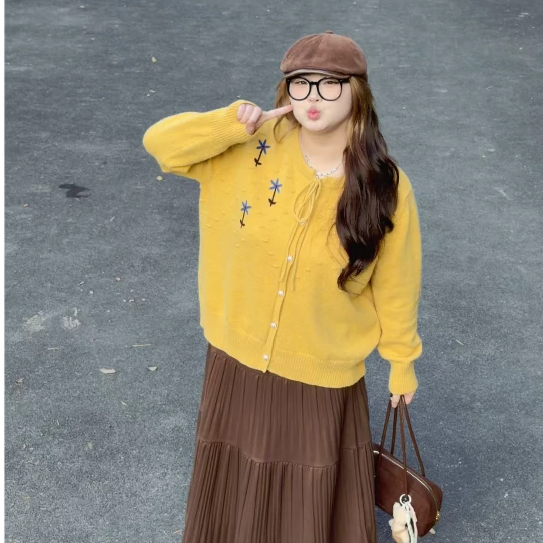8801大码女装法式提花刺绣蝴蝶结系带碎花针织开衫显瘦上衣