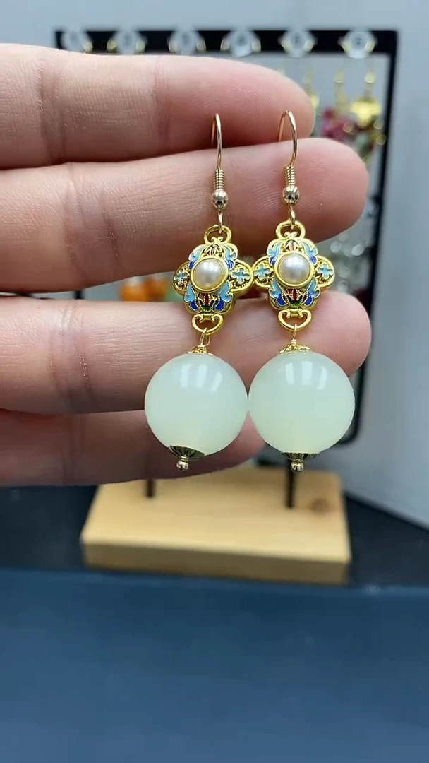 【闪购商品】和田玉耳饰银S925镀金镶嵌尺寸16mmA2