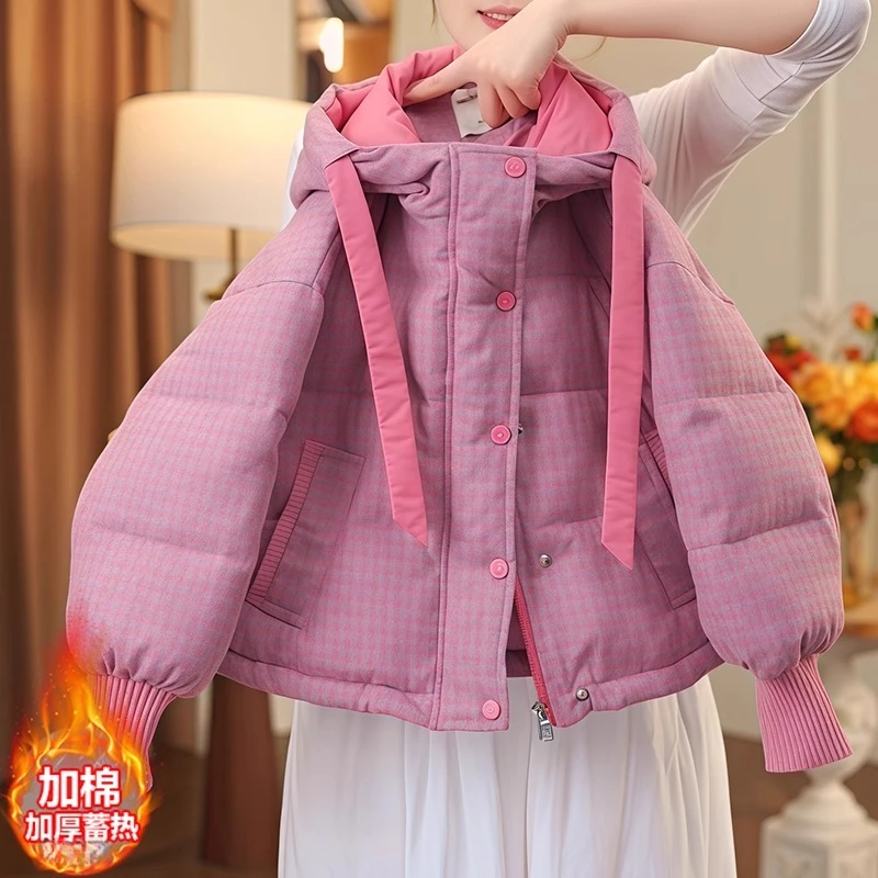 女童格子洋气棉服2025新款冬装中大童加厚外套棉衣连帽面包服棉袄